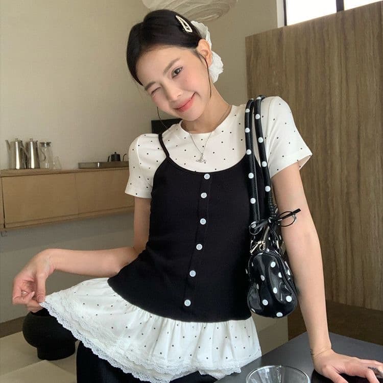 한 부서 달콤한 차가운 바람 페이크 레이어드 도트 무늬 슬립 반팔 티셔츠 미니멀리즘 귀여운 표지 고기 표지 배 폭발 다용도 맨위 상세 이미지 7