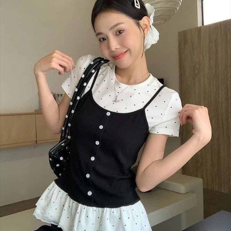 한 부서 달콤한 차가운 바람 페이크 레이어드 도트 무늬 슬립 반팔 티셔츠 미니멀리즘 귀여운 표지 고기 표지 배 폭발 다용도 맨위 상세 이미지 10