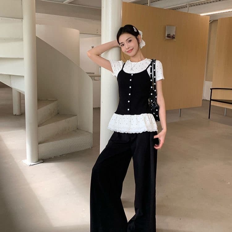 한 부서 달콤한 차가운 바람 페이크 레이어드 도트 무늬 슬립 반팔 티셔츠 미니멀리즘 귀여운 표지 고기 표지 배 폭발 다용도 맨위 상세 이미지 11