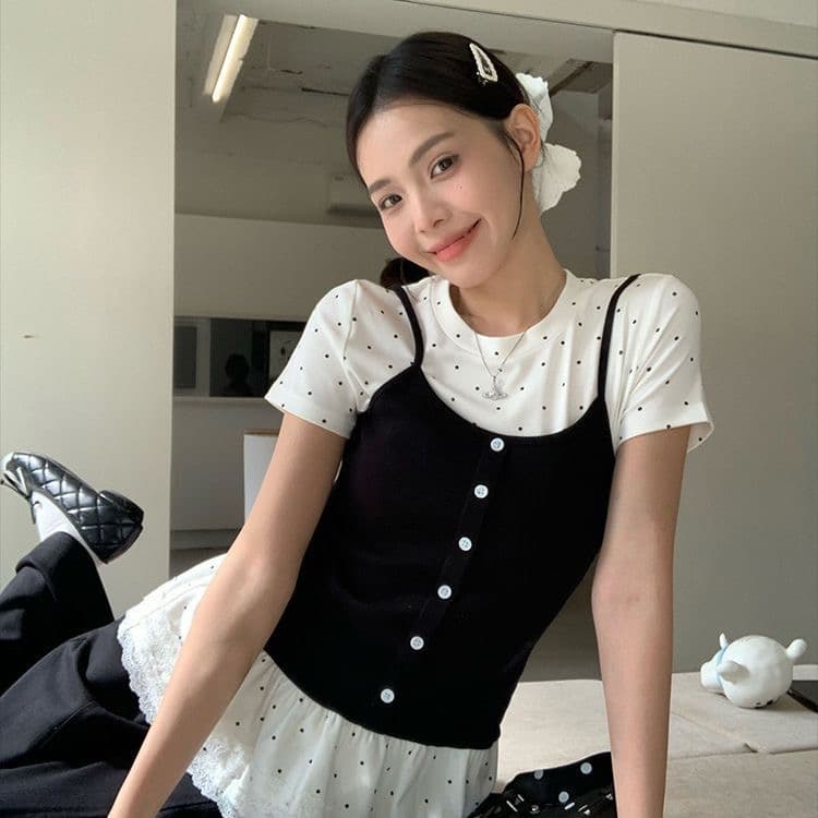 한 부서 달콤한 차가운 바람 페이크 레이어드 도트 무늬 슬립 반팔 티셔츠 미니멀리즘 귀여운 표지 고기 표지 배 폭발 다용도 맨위 상세 이미지 12