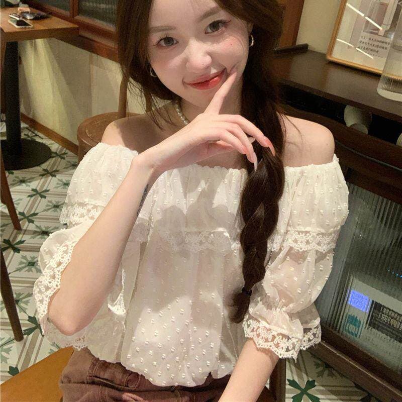 2026 프랑스식 레이스 프릴 디자인 센스 레이스 고유 한 Chic 연령 감소 외국 가스 오프숄더 셔츠 오프숄더 t 이미지 3