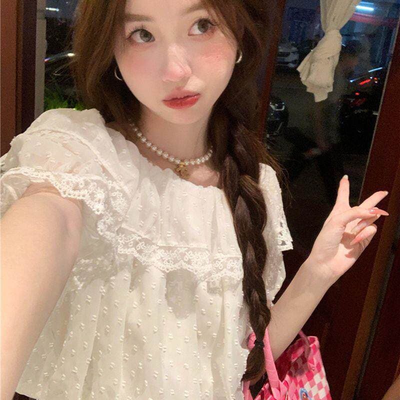 2026 프랑스식 레이스 프릴 디자인 센스 레이스 고유 한 Chic 연령 감소 외국 가스 오프숄더 셔츠 오프숄더 t 상세 이미지 7
