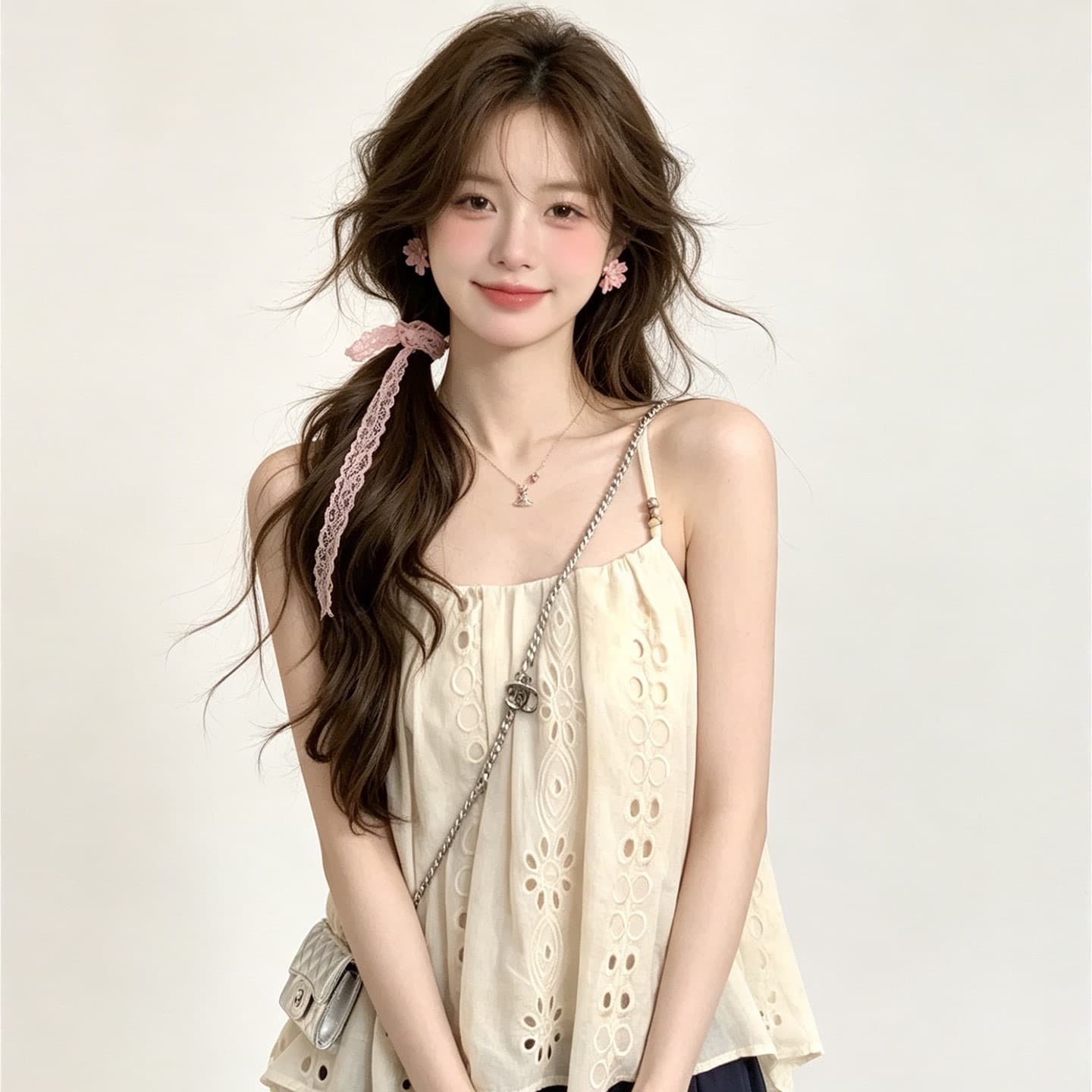 원본 원단 솜씨 휴가 바람 세트 여성 여름 품격 홀로우 아웃 자수 비즈 캐미솔 이미지 5