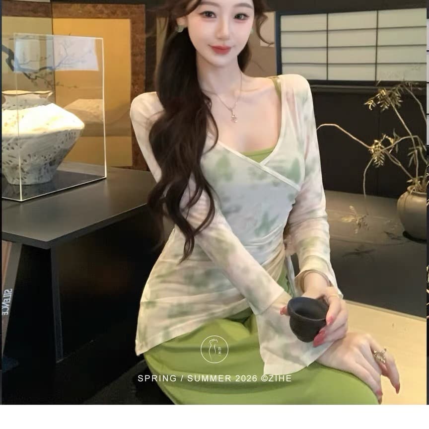 중식 슬립 드레스 외부 가져 가라. 블라우스 슈퍼 잘 생긴 고유 한 아름다운 품격 허리 수축 타이트 스커트 롱 스커트 여성 여름 이미지 4