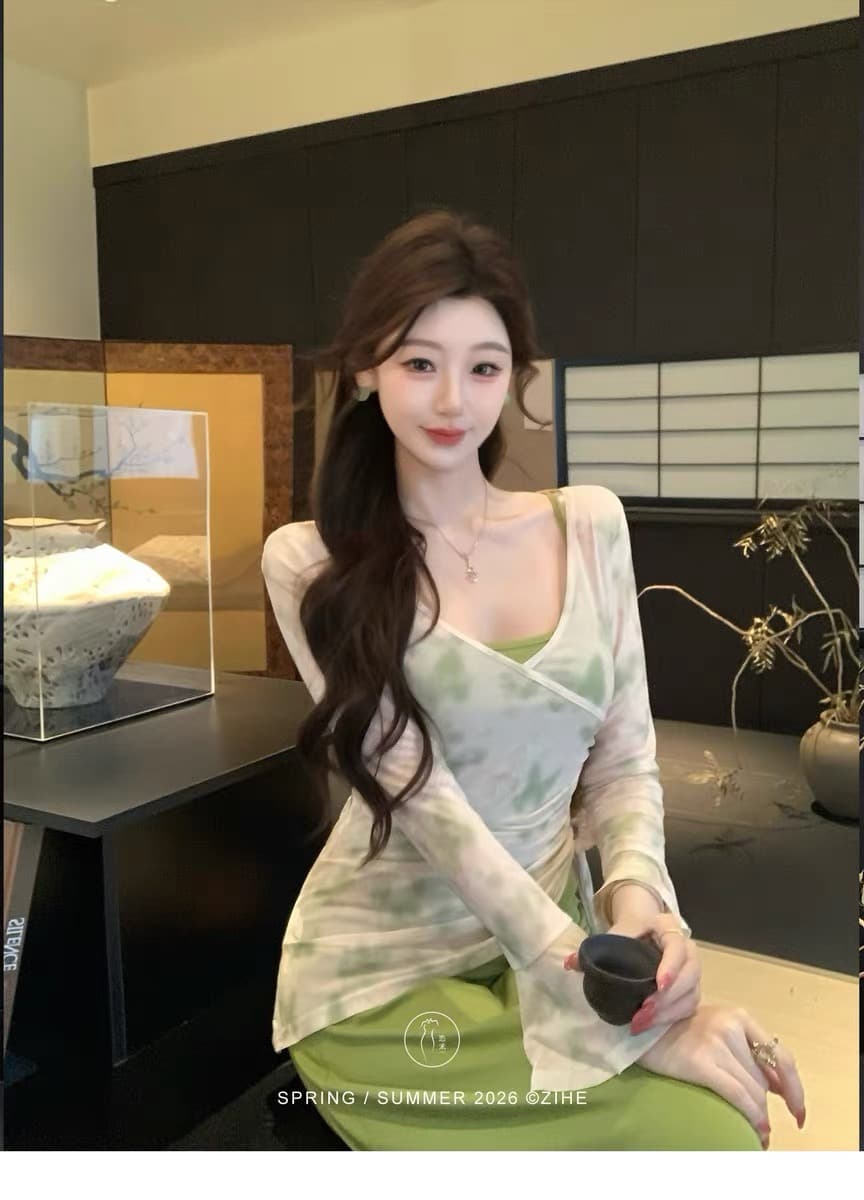 중식 슬립 드레스 외부 가져 가라. 블라우스 슈퍼 잘 생긴 고유 한 아름다운 품격 허리 수축 타이트 스커트 롱 스커트 여성 여름 상세 이미지 7