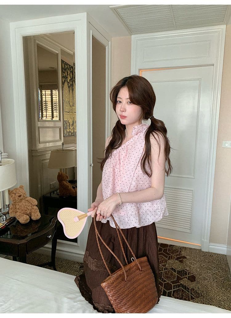 핑크색 도트 무늬 맨위 민소매 여성 비스듬한 어깨 슬림해 보이는 t 여름 아름다운 해변가 착용 가져 가라. 상세 이미지 41
