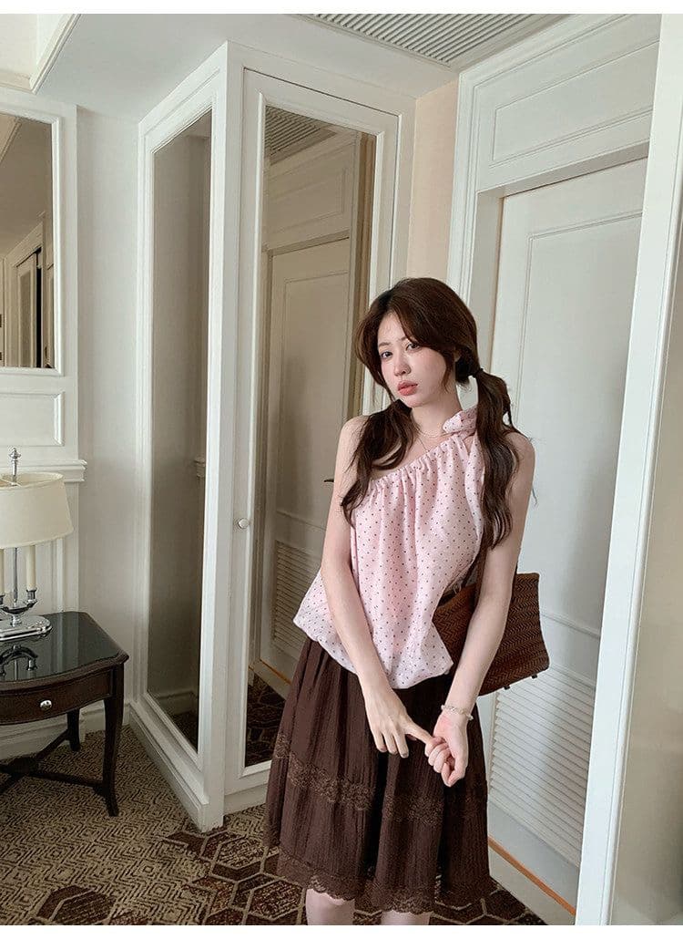 핑크색 도트 무늬 맨위 민소매 여성 비스듬한 어깨 슬림해 보이는 t 여름 아름다운 해변가 착용 가져 가라. 상세 이미지 44
