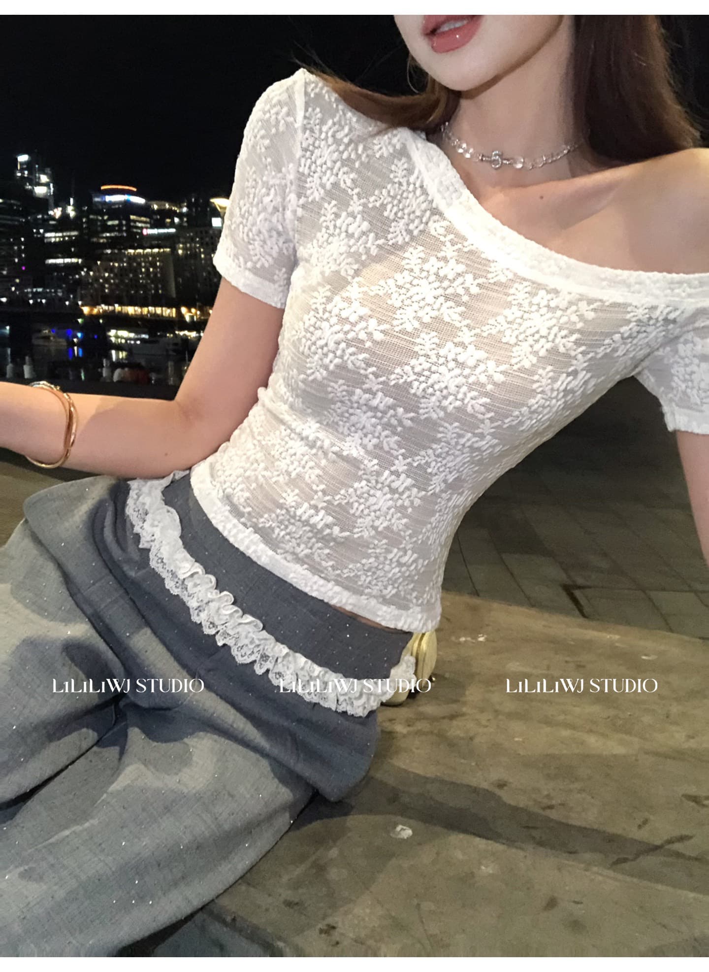순수한 욕망 바람 비스듬한 어깨 디자인 센스 레이스 반팔 티셔츠 여름 새로운 여성 의류 품격 몸매 가꾸기 슬림해 보이는 섹시함 맨위 상세 이미지 11