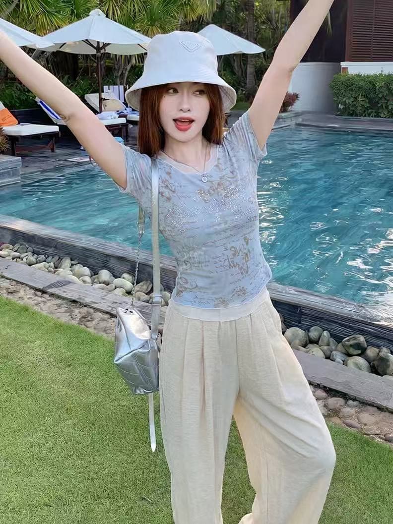 한 부서 파란색 페이크 레이어드 쇼트 스타일 긍정적 인 어깨 반팔 티셔츠 여성 여름 몸매 가꾸기 작은 키 디자인 센스 작은 대중 맨위 상세 이미지 3