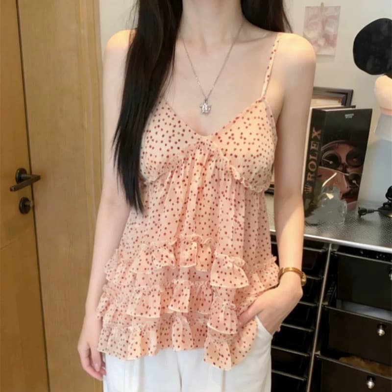 달콤한 매운맛 바람 빨간색 도트 무늬 프릴 캐미솔 여성 의류 여름 섹시함 캐주얼 민소매 맨위 이미지 2