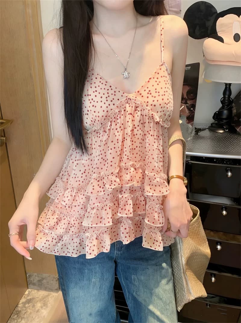 달콤한 매운맛 바람 빨간색 도트 무늬 프릴 캐미솔 여성 의류 여름 섹시함 캐주얼 민소매 맨위 상세 이미지 4