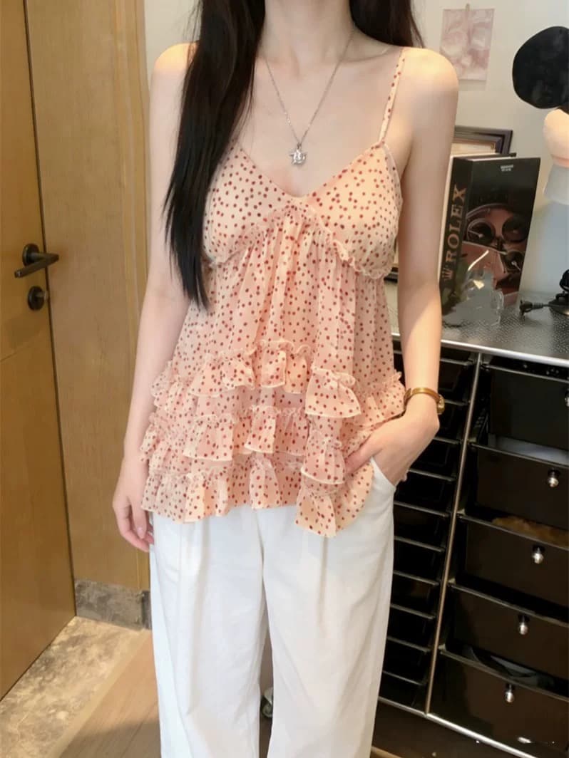 달콤한 매운맛 바람 빨간색 도트 무늬 프릴 캐미솔 여성 의류 여름 섹시함 캐주얼 민소매 맨위 상세 이미지 6