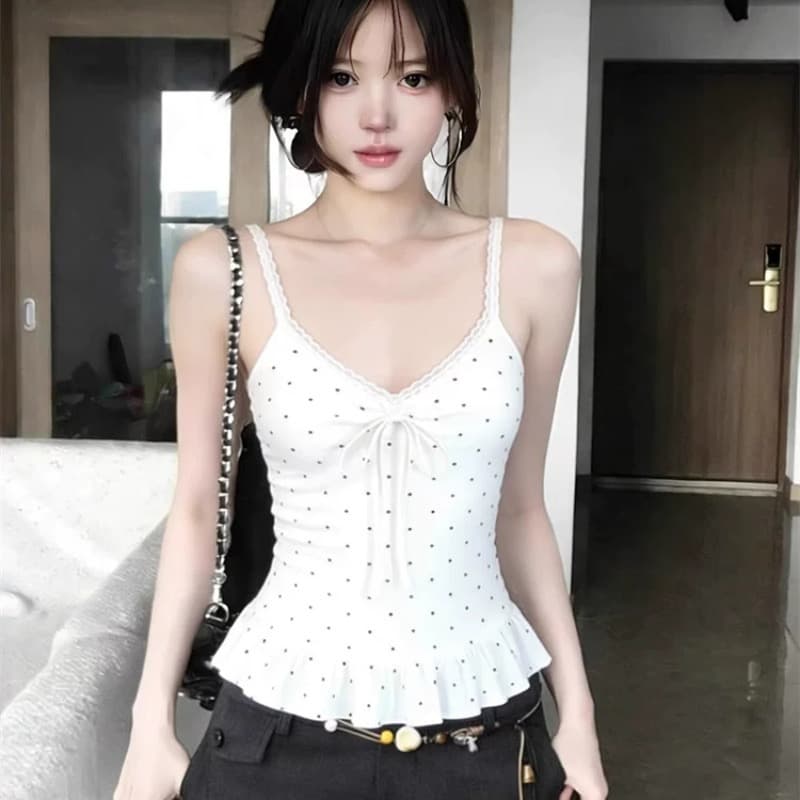 사람들 면 260 그램 달콤함 도트 무늬 프릴 밑단 캐미솔 새로운 인사이드 가져 가라. 민소매 스택 착용 맨위 이미지 2