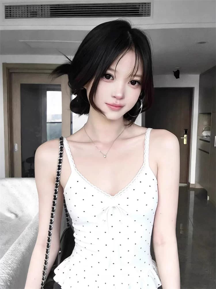 사람들 면 260 그램 달콤함 도트 무늬 프릴 밑단 캐미솔 새로운 인사이드 가져 가라. 민소매 스택 착용 맨위 이미지 4