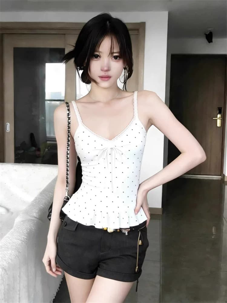 사람들 면 260 그램 달콤함 도트 무늬 프릴 밑단 캐미솔 새로운 인사이드 가져 가라. 민소매 스택 착용 맨위