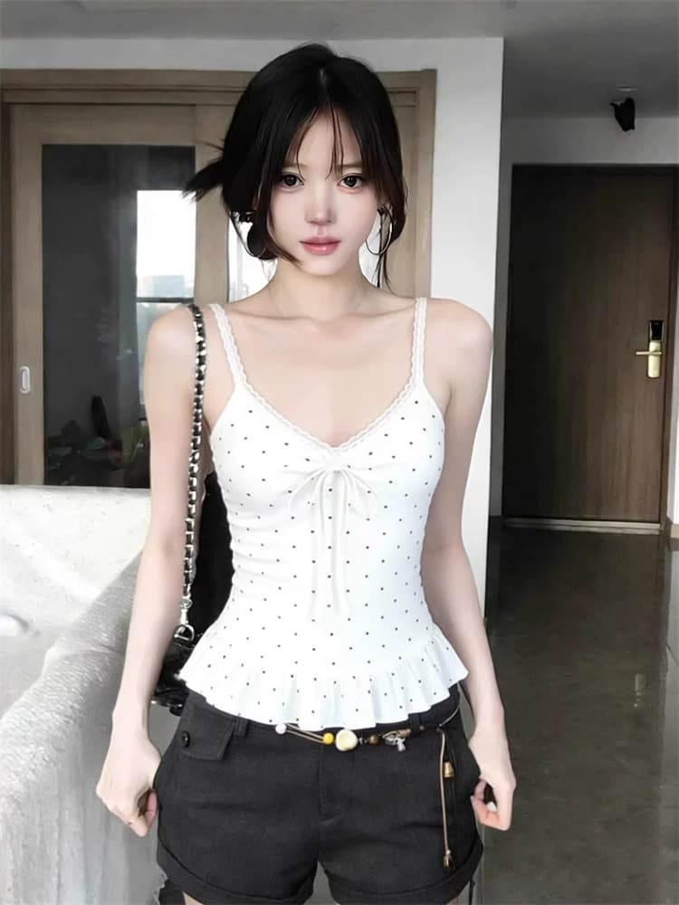 사람들 면 260 그램 달콤함 도트 무늬 프릴 밑단 캐미솔 새로운 인사이드 가져 가라. 민소매 스택 착용 맨위 상세 이미지 3