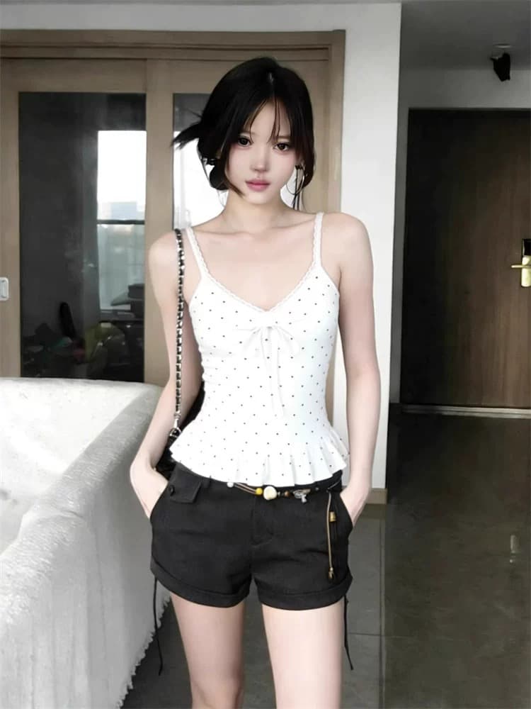 사람들 면 260 그램 달콤함 도트 무늬 프릴 밑단 캐미솔 새로운 인사이드 가져 가라. 민소매 스택 착용 맨위 상세 이미지 7