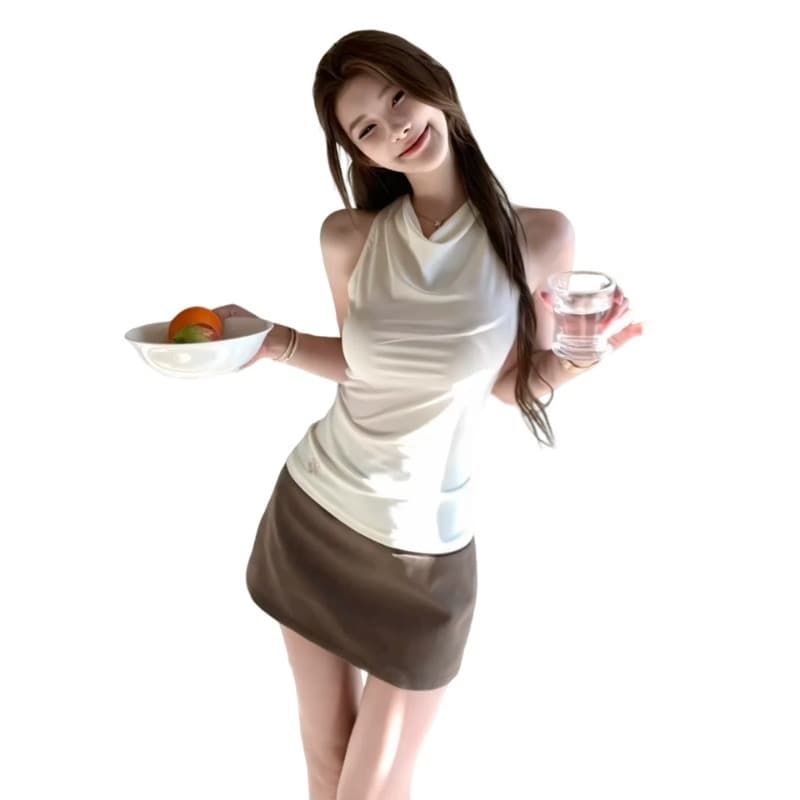 한 부서 화이트 행침 목 맨위 반신 치마 세트 여성 여름 2026 새로운 슈퍼 화재 고유 한 아름다운 전체 집합 상세 이미지 3