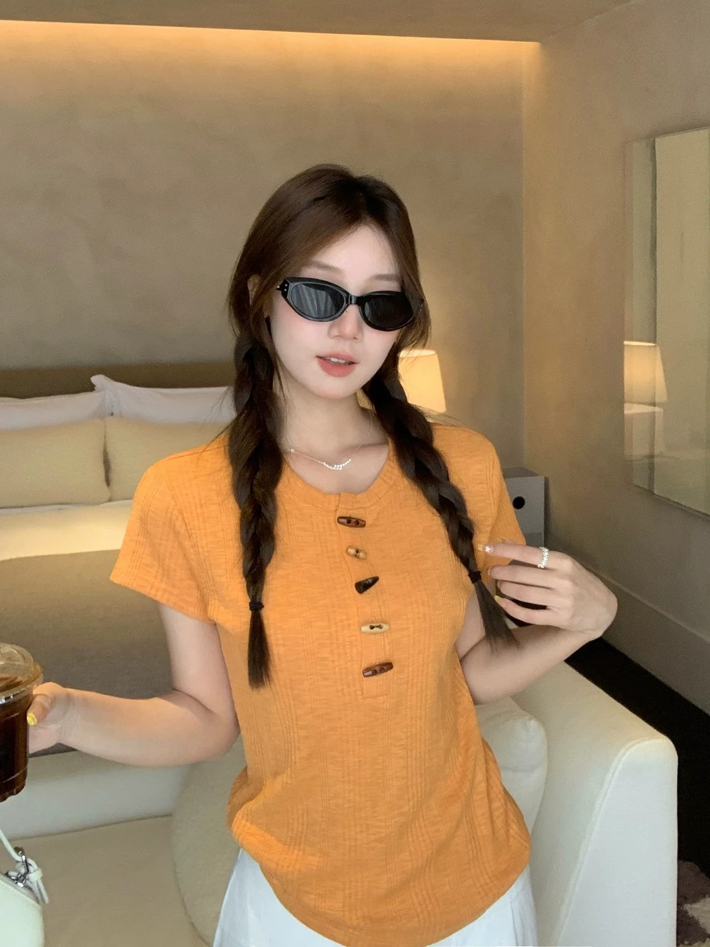 원본 대나무 마디 천 같은 단락 수공 버클 여름 소뿔 버클 대나무 마디 면 티셔츠 몸매 가꾸기 주황색 맨위