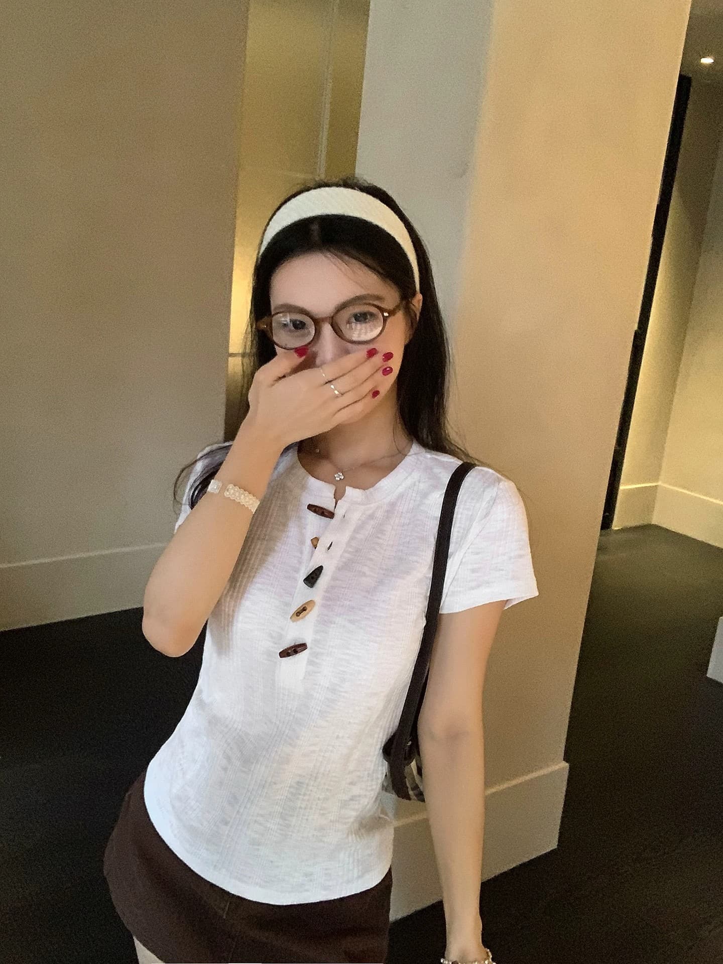 원본 대나무 마디 천 같은 단락 수공 버클 여름 소뿔 버클 대나무 마디 면 티셔츠 몸매 가꾸기 주황색 맨위 상세 이미지 4