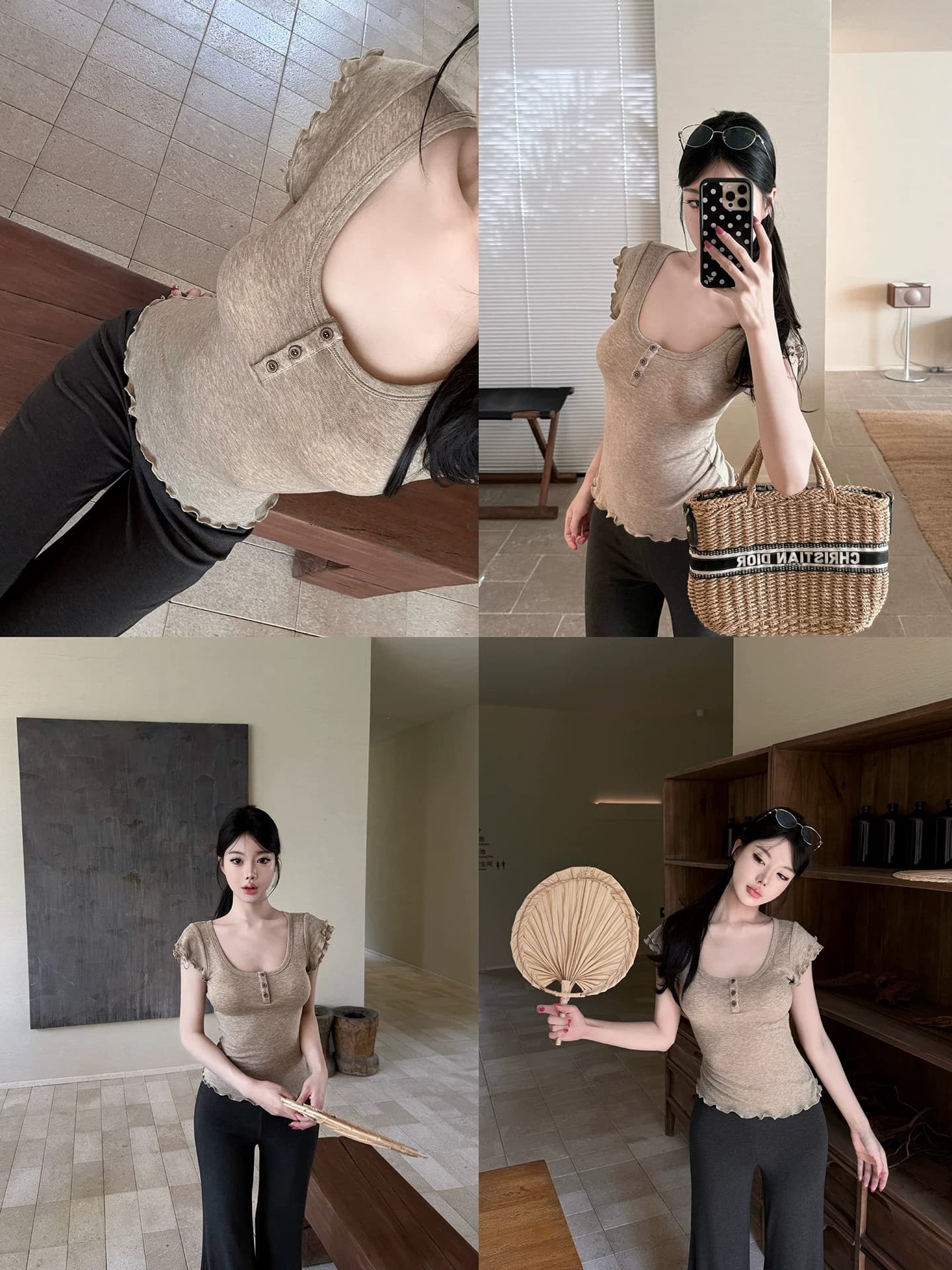 40 양모 면 리브 새로운 한 부서 달콤함 프릴 작은 날다 소매 티셔츠 여성 여름 몸매 가꾸기 상세 이미지 6