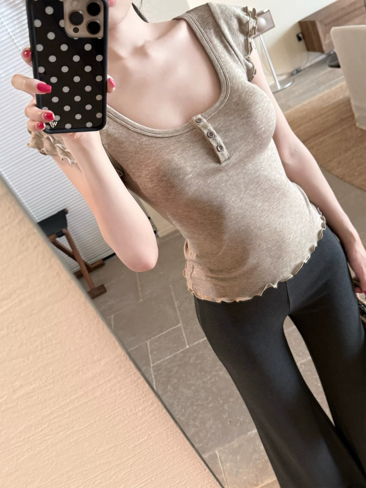 40 양모 면 리브 새로운 한 부서 달콤함 프릴 작은 날다 소매 티셔츠 여성 여름 몸매 가꾸기 상세 이미지 8