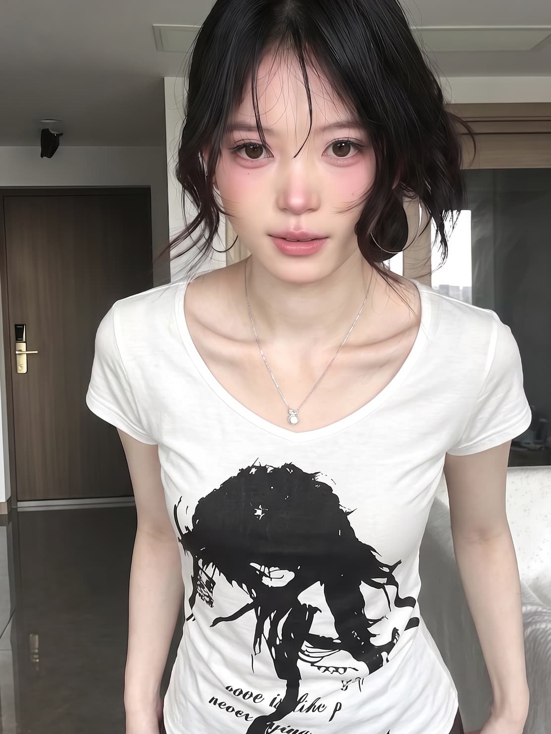 230 크 모달 핫걸 화이트 디자인 센스 인물 프린트 반팔 여성 여름 섹션 슬림해 보이는 V넥 작은 대중 티셔츠 상세 이미지 4