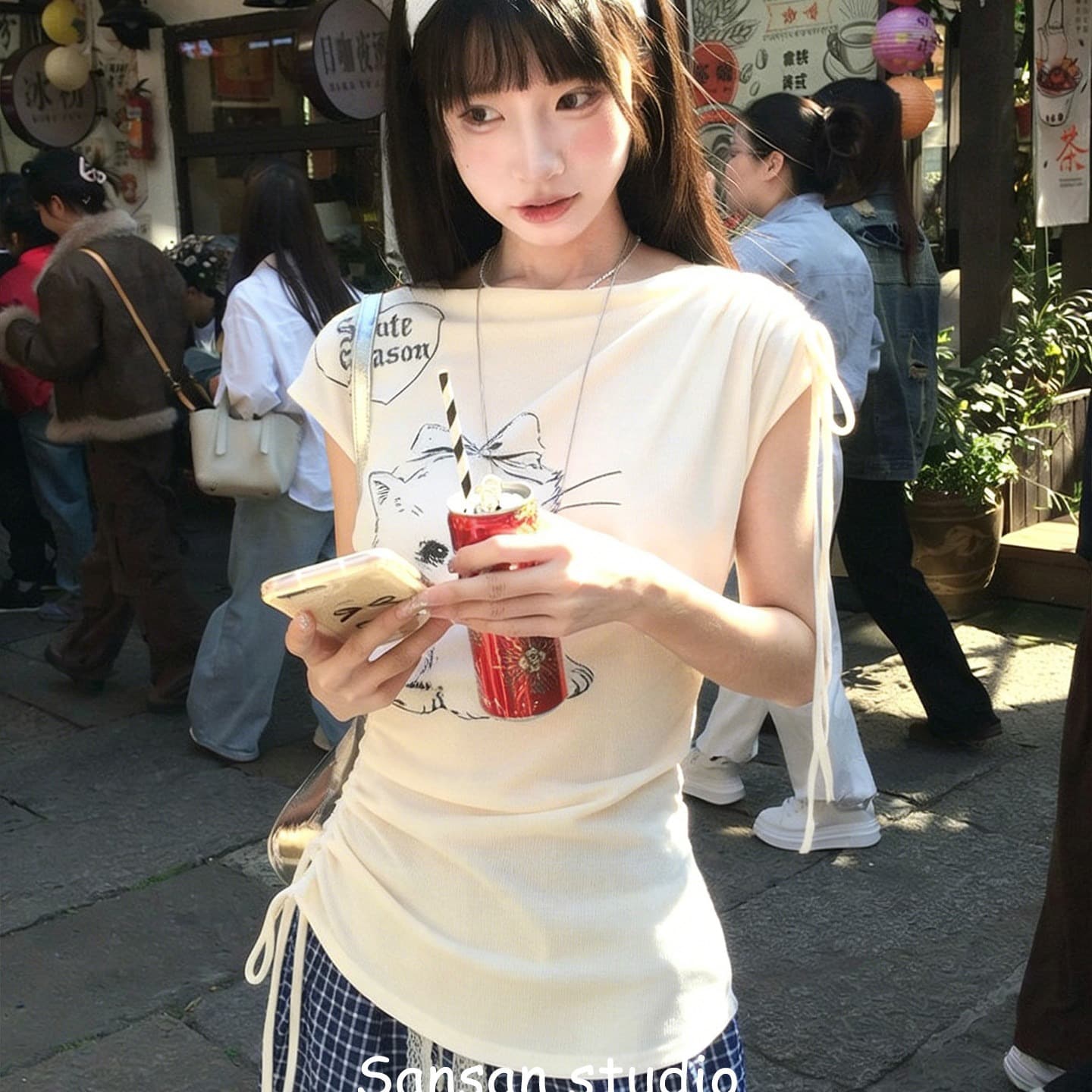 도파민 반팔 티셔츠 여성 여름 착용 가져 가라. 새끼 고양이 프린트 펌프 로프 황색 tee 몸매 가꾸기 한 첨부 된 의류 디자인 센스 상세 이미지 5