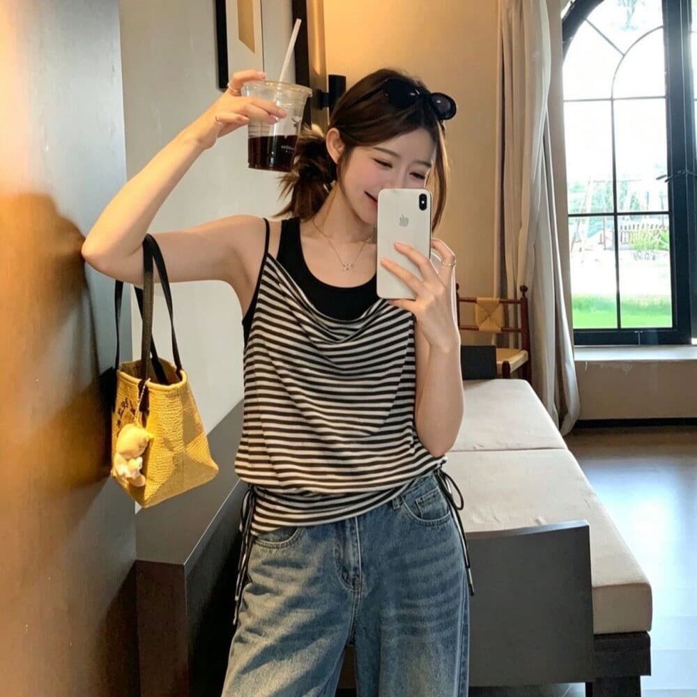 주간 실크 눈꽃 배색 스트라이프 캐미솔 두 조각 여성 세트 여름 허리 수축 품격 레트로 외출용 섹시함 맨위 이미지 2
