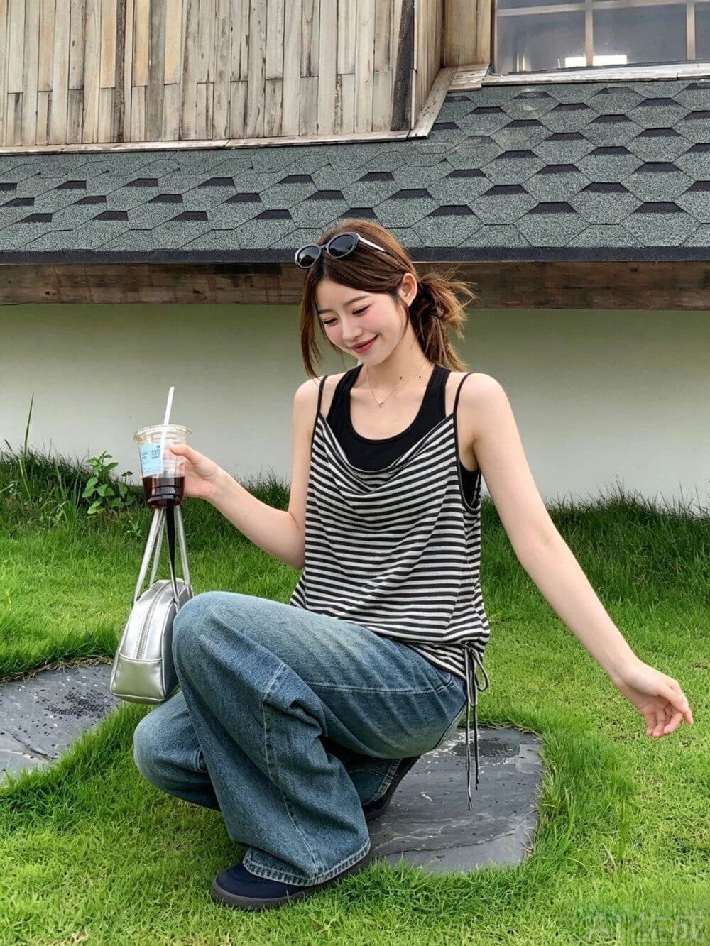 주간 실크 눈꽃 배색 스트라이프 캐미솔 두 조각 여성 세트 여름 허리 수축 품격 레트로 외출용 섹시함 맨위 상세 이미지 9