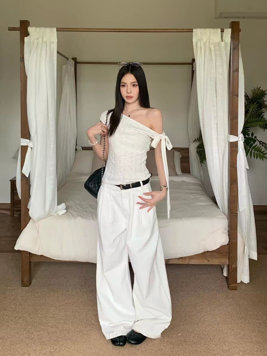 원본 원단 불규칙 구덩이 기사 230 크 작은 대중 불규칙 비스듬한 어깨 반팔 티셔츠 여성 셔츠 이미지 2