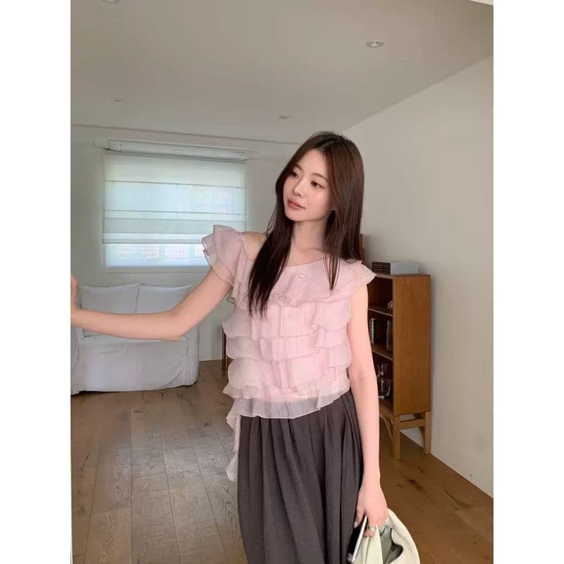 여름 새로운 한국 스타일 불규칙 다중 레이어 프릴 맨위 여성 상세 이미지 5