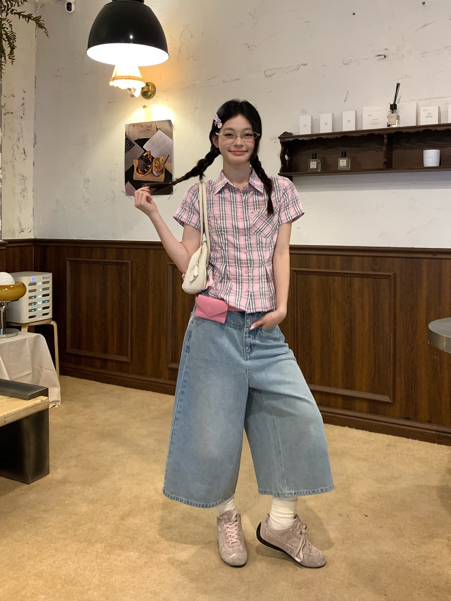 한 부서 학원 스타일 POLO 칼라 긍정적 인 어깨 체크무늬 반팔 여성 셔츠 여름 디자인 센스 허리 수축 쇼트 스타일 몸매 가꾸기 셔츠 이미지 3