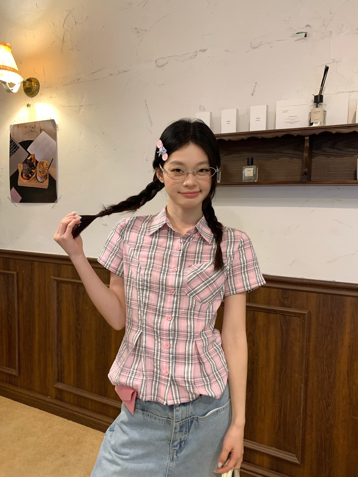 한 부서 학원 스타일 POLO 칼라 긍정적 인 어깨 체크무늬 반팔 여성 셔츠 여름 디자인 센스 허리 수축 쇼트 스타일 몸매 가꾸기 셔츠 이미지 2
