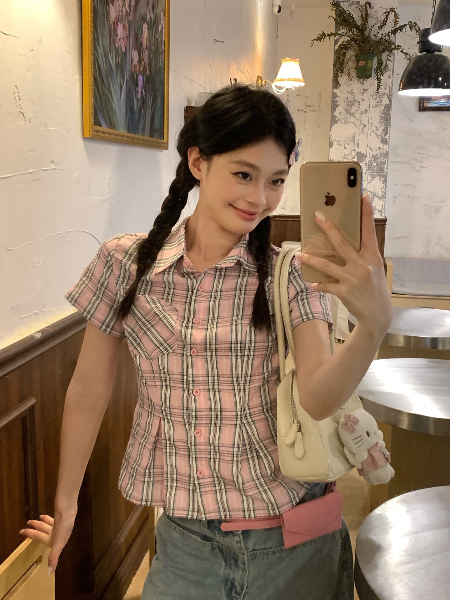 한 부서 학원 스타일 POLO 칼라 긍정적 인 어깨 체크무늬 반팔 여성 셔츠 여름 디자인 센스 허리 수축 쇼트 스타일 몸매 가꾸기 셔츠 이미지 4