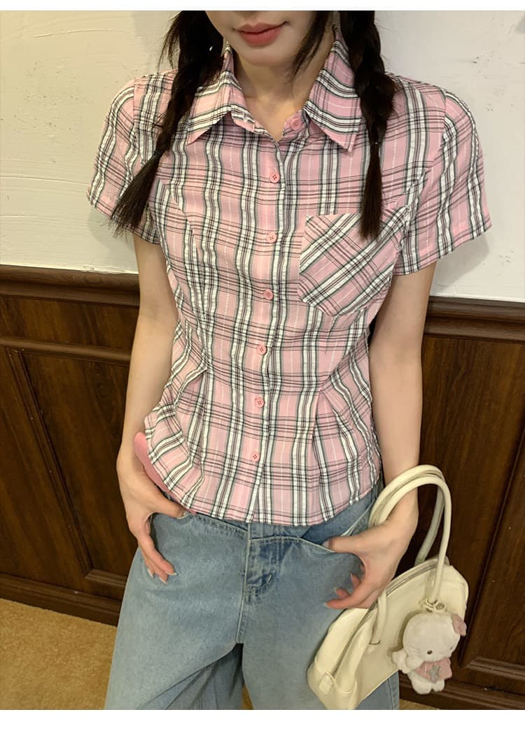 한 부서 학원 스타일 POLO 칼라 긍정적 인 어깨 체크무늬 반팔 여성 셔츠 여름 디자인 센스 허리 수축 쇼트 스타일 몸매 가꾸기 셔츠 상세 이미지 4