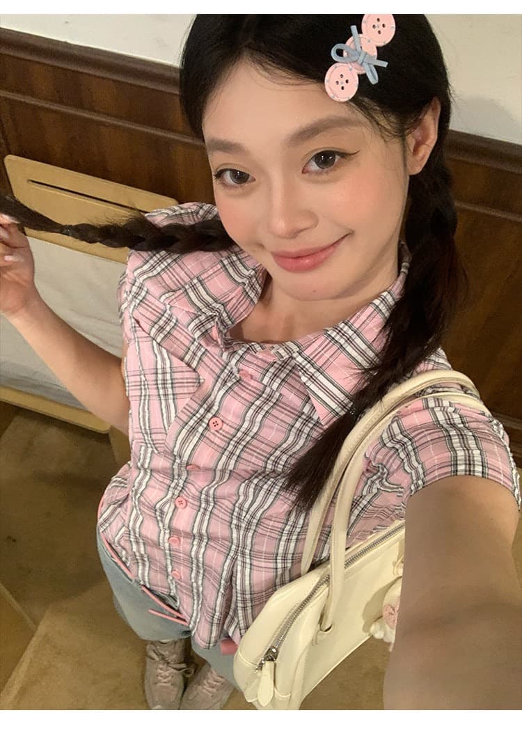 한 부서 학원 스타일 POLO 칼라 긍정적 인 어깨 체크무늬 반팔 여성 셔츠 여름 디자인 센스 허리 수축 쇼트 스타일 몸매 가꾸기 셔츠 상세 이미지 11