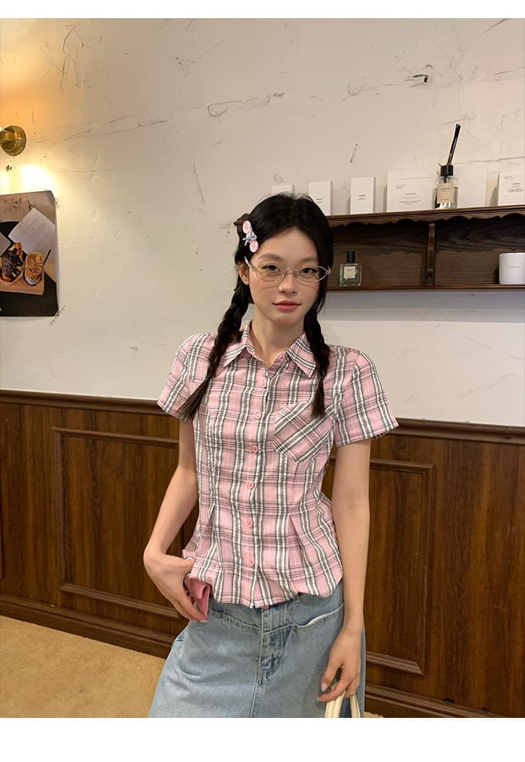 한 부서 학원 스타일 POLO 칼라 긍정적 인 어깨 체크무늬 반팔 여성 셔츠 여름 디자인 센스 허리 수축 쇼트 스타일 몸매 가꾸기 셔츠 상세 이미지 13