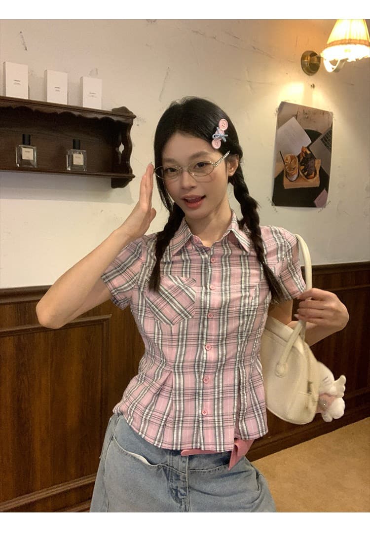 한 부서 학원 스타일 POLO 칼라 긍정적 인 어깨 체크무늬 반팔 여성 셔츠 여름 디자인 센스 허리 수축 쇼트 스타일 몸매 가꾸기 셔츠 상세 이미지 17