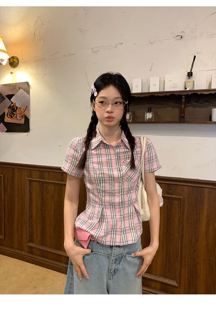 한 부서 학원 스타일 POLO 칼라 긍정적 인 어깨 체크무늬 반팔 여성 셔츠 여름 디자인 센스 허리 수축 쇼트 스타일 몸매 가꾸기 셔츠 상세 이미지 20