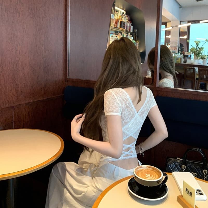 tongiiuu 법 새싹 bunny 나비 매듭 V넥 레이스 반팔 티셔츠 여성 마이크로 ~을 통해 몸매 가꾸기 슬림해 보이는 맨위 여름 이미지 5