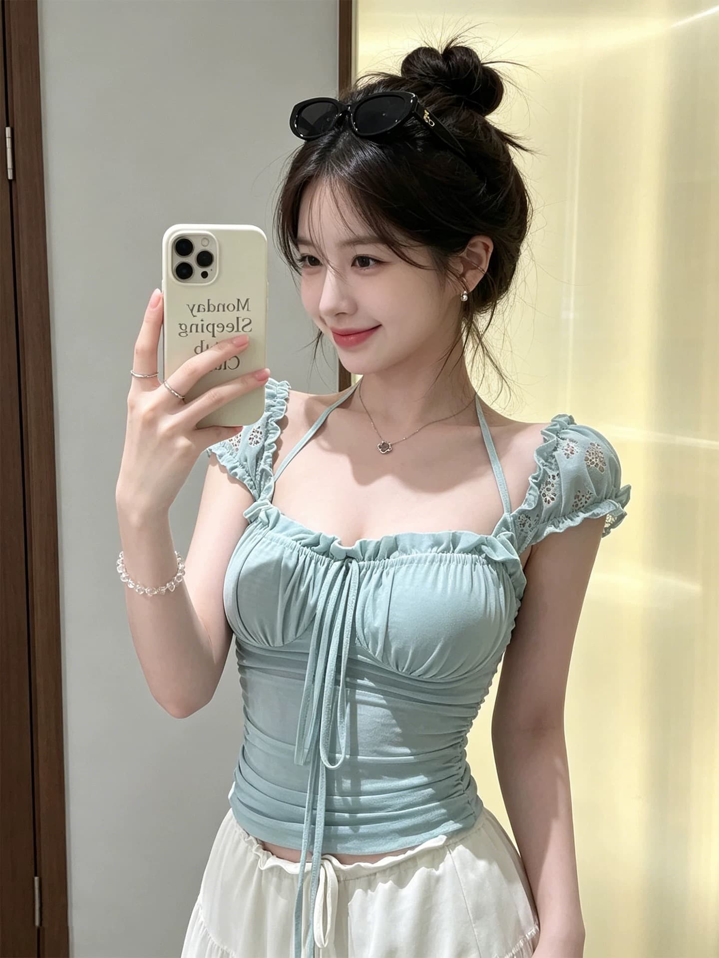 원본 원단 것 순수한 욕망 바람 프릴 레이스업 행침 목 조끼 여름 디자인 센스 주름 외출용 맨위 상세 이미지 9