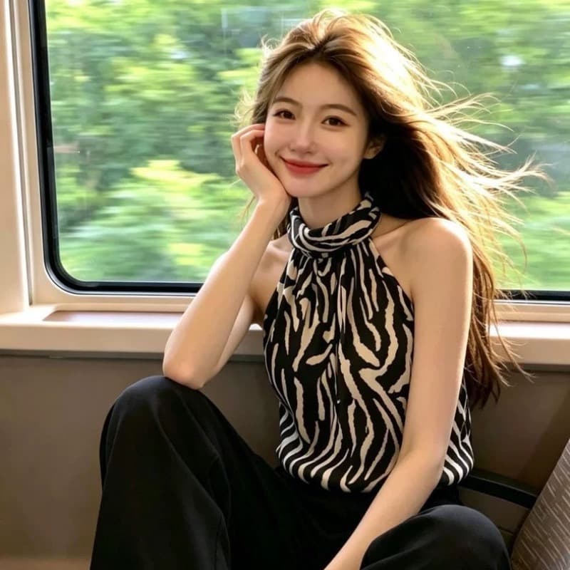 빛 요리 한 섹시함 행침 목 얼룩말 곡물 맨위 여성 여름 고급 센스 연령 감소 외국 가스 캐미솔 작은 스탠드 칼라 작은 셔츠 이미지 5