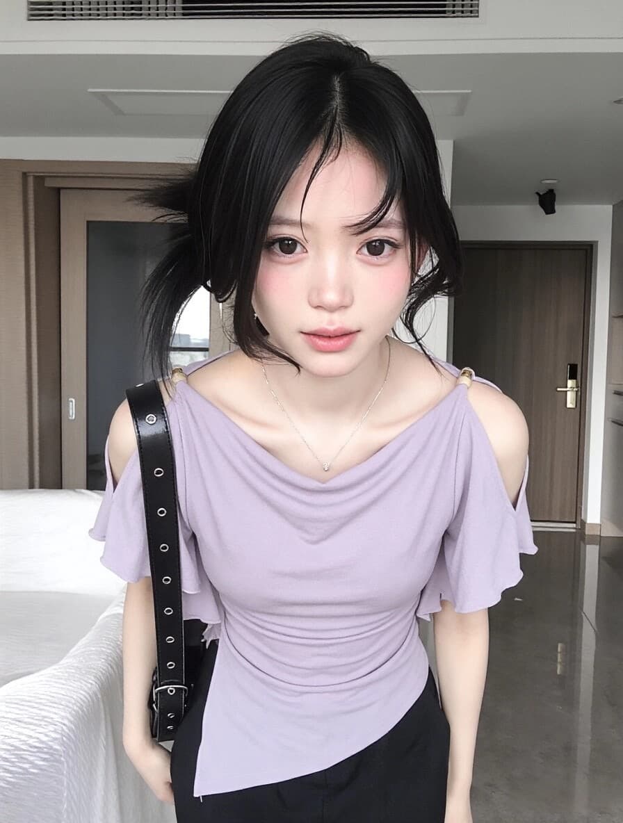 사람들 면 260 그램 원본 것 보라색 오프숄더 반팔 계절 몸매 가꾸기 아니요 규제 주름 허리 수축 핫걸 바람 이미지 2