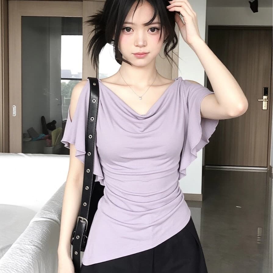 사람들 면 260 그램 원본 것 보라색 오프숄더 반팔 계절 몸매 가꾸기 아니요 규제 주름 허리 수축 핫걸 바람 이미지 5
