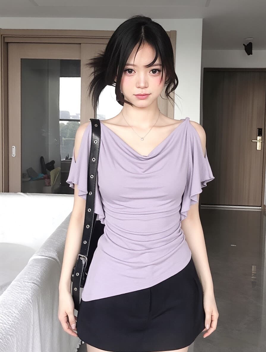 사람들 면 260 그램 원본 것 보라색 오프숄더 반팔 계절 몸매 가꾸기 아니요 규제 주름 허리 수축 핫걸 바람 상세 이미지 6