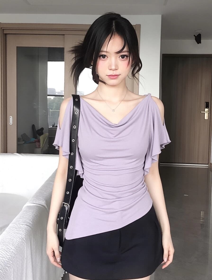 사람들 면 260 그램 원본 것 보라색 오프숄더 반팔 계절 몸매 가꾸기 아니요 규제 주름 허리 수축 핫걸 바람 상세 이미지 11