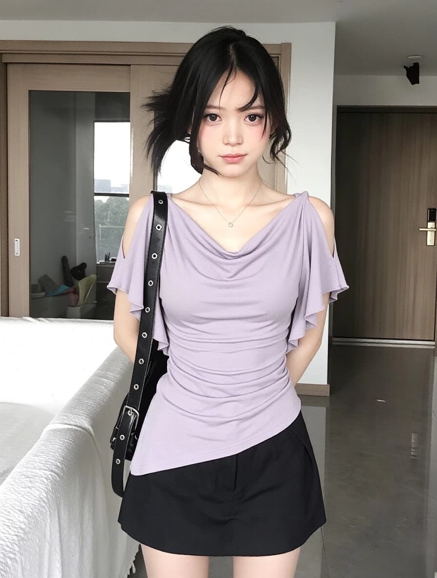 사람들 면 260 그램 원본 것 보라색 오프숄더 반팔 계절 몸매 가꾸기 아니요 규제 주름 허리 수축 핫걸 바람 상세 이미지 13