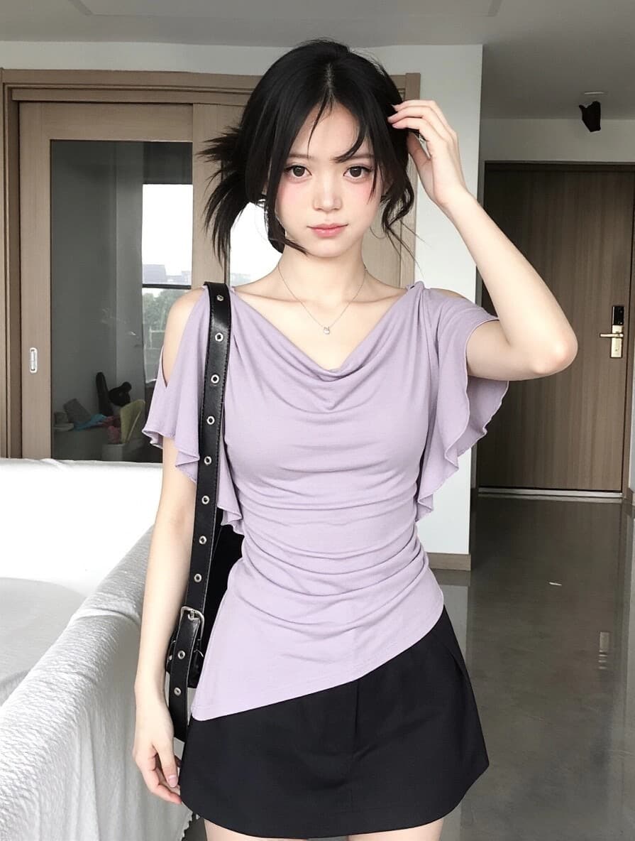 사람들 면 260 그램 원본 것 보라색 오프숄더 반팔 계절 몸매 가꾸기 아니요 규제 주름 허리 수축 핫걸 바람 상세 이미지 14