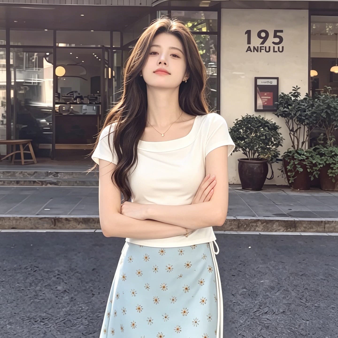 한 부서 디자인 센스 한 마디 인어 꼬리 여성 드레스 여름 새로운 비스듬한 어깨 불규칙 티셔츠 꽃무늬 반신 치마 세트 이미지 5